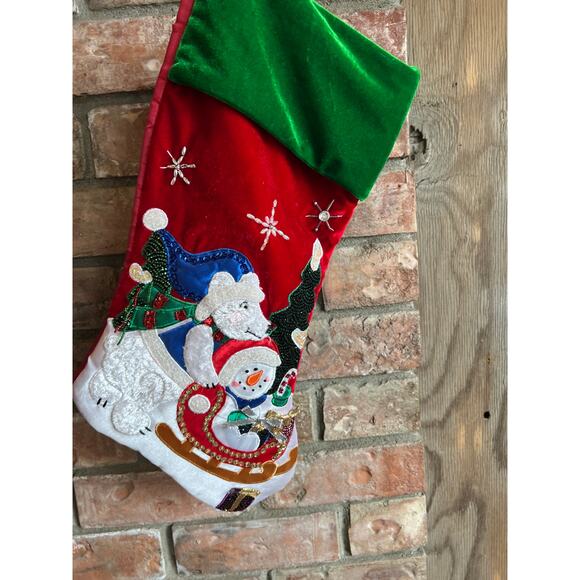 Christmas Stocking Red Velvet Snowman Bear Applique Sequins Faux Fur - Picture 1 of 7